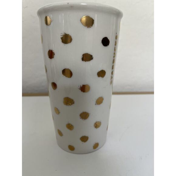 Starbucks Ceramic 2014 Gold Polka Dot Collection Travel Mug Tumbler w Lid 10 oz - Picture 4 of 12